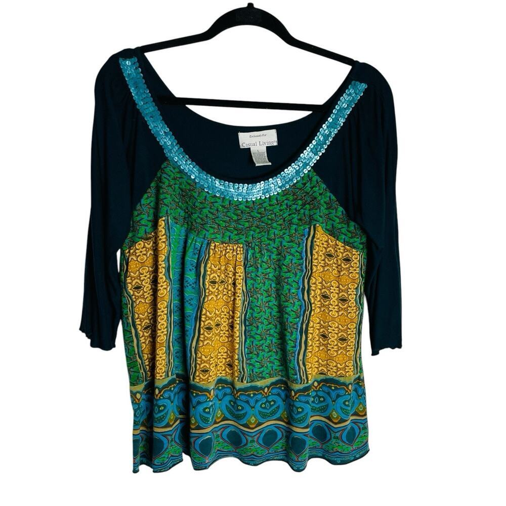 Casual Living Sequined Boho Top Womens L Blue Green Gold 3/4 Sleeve Scoop‎ Neck